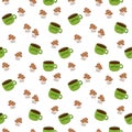 Seamless pattern: isolated coffee and cupcakes on a white background. Can be used for packaging.